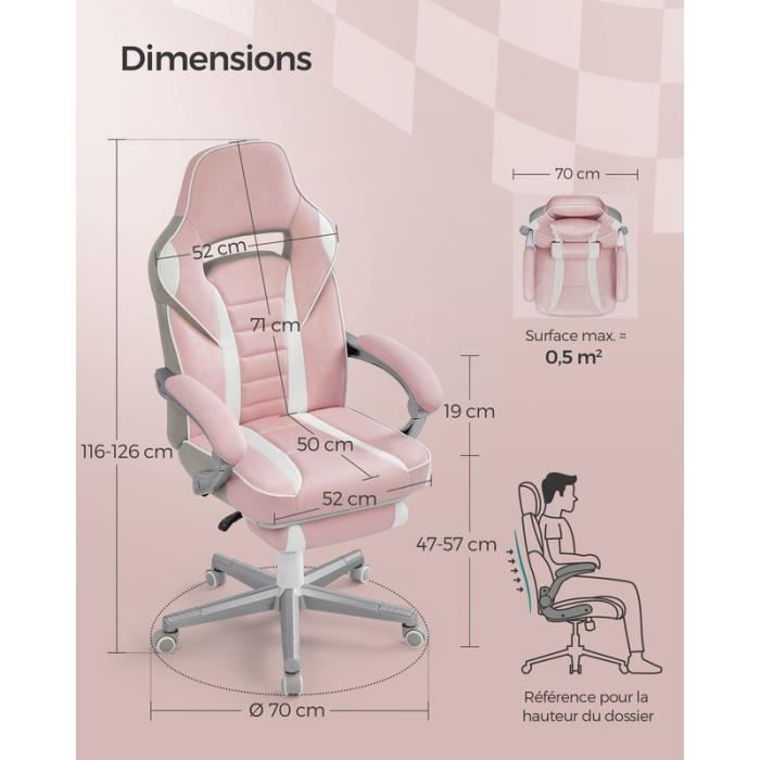 Fauteuil de Bureau - SONGMICS - Repose-pieds Télescopique - Mécanisme à Bascule - Rose Bonbon et Blanc Crème