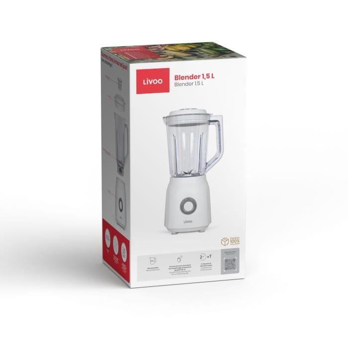 Licuadora - LIVOO - 1,5 L - 600 W - 22.000 RPM - 2 velocidades - Turbo Blanco