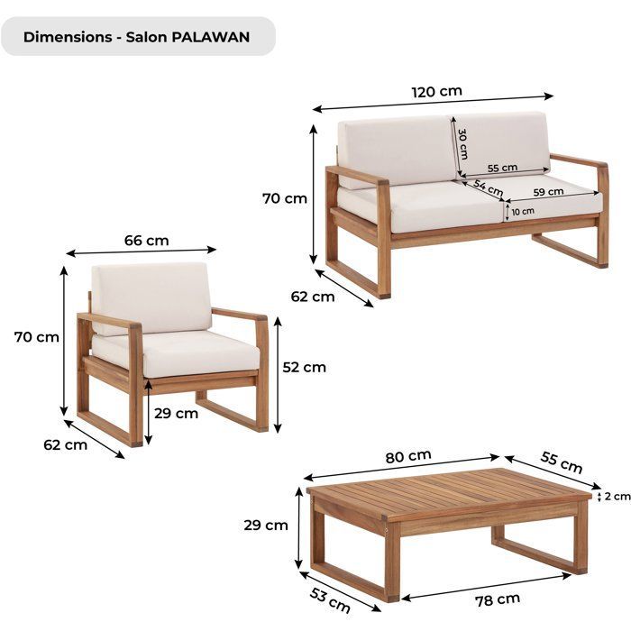 Salon de jardin en bois d'acacia FSC - PALAWAN - Table 80x55x29 cm - Beige - 4 personnes