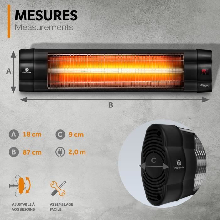 TRESKO Radiateur infrarouge extérieur 2500W | Chauffage radiant terrasse | murale| télecommande | 3 niveaux | intérieur et