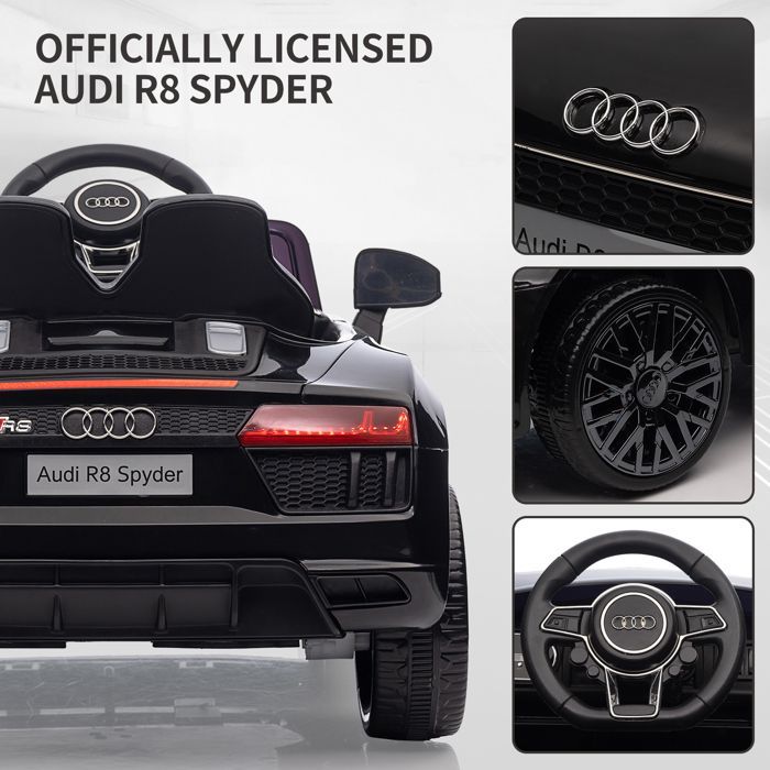 Audi R8 Spyder Electric Ride-On Car for Kids, Licensed, 12V, with Suspension, 3 Speeds, LED Lights, and Horn - Black