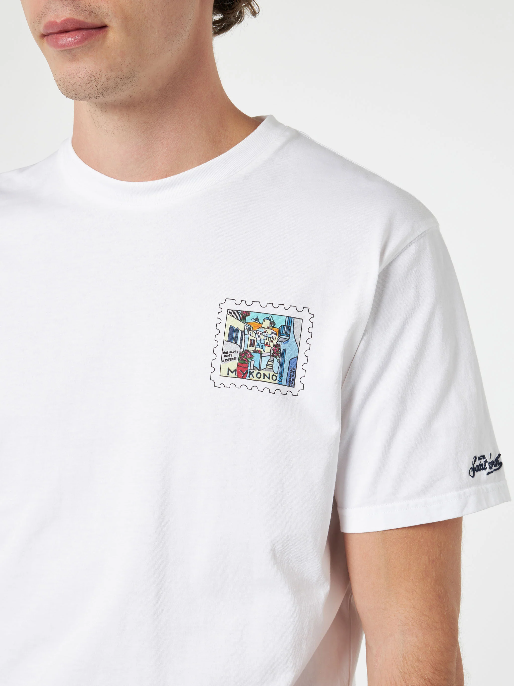 Heren katoenen T-shirt met Mykon-ansichtkaartprint op voor- en achterkant