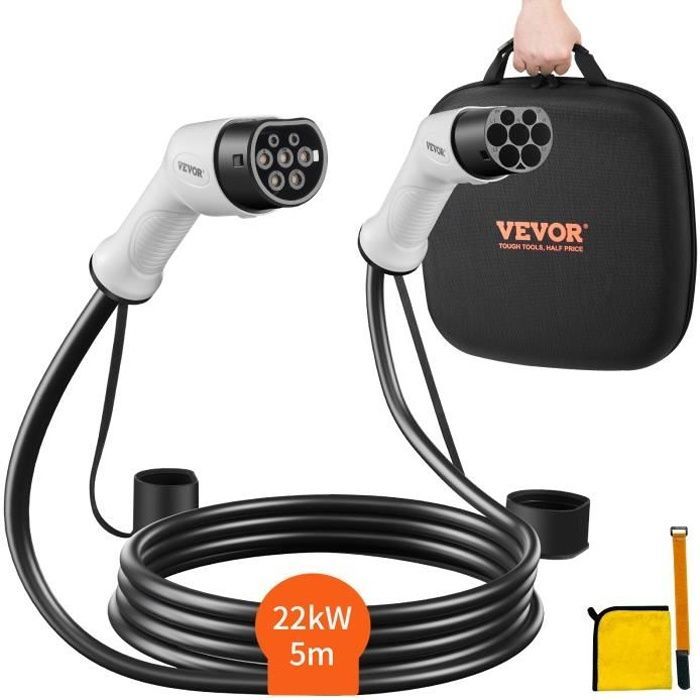Cable de carga para vehículos eléctricos de 5 m, tipo 2 a tipo 2 - VEVOR - Cargador para coches eléctricos de 32 A, 5 m y 22 kW