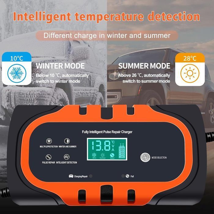 Caricabatterie per auto/moto da 10 A 12 V, caricabatterie intelligente per auto da 12 V con funzione di mantenimento della batteria.