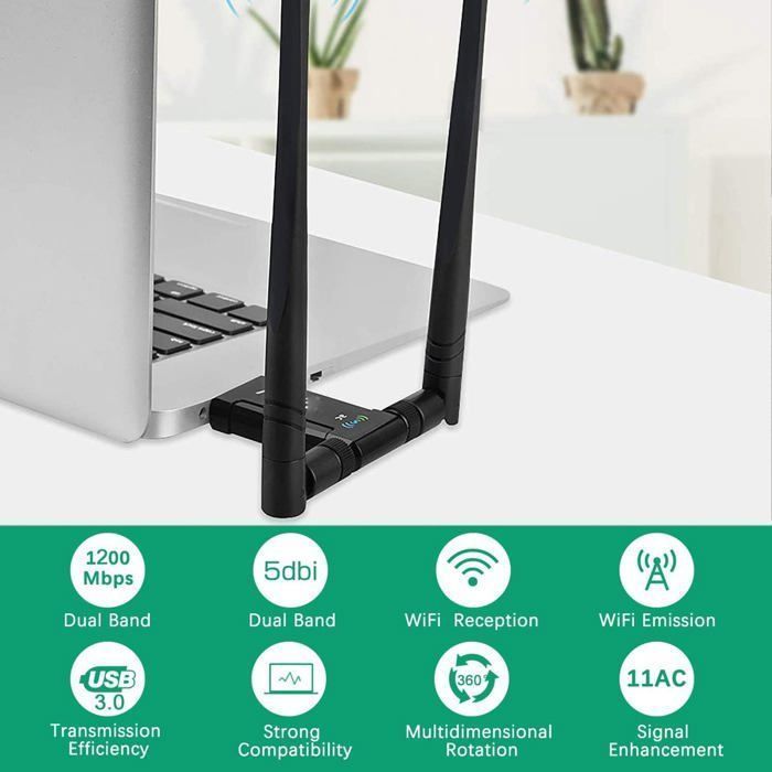 Clé WiFi Puissante 1200Mbps Mini Adaptateur USB WiFi,Dongle WiFi Double Bande Adaptateur Réseau sans Fil 2,4 GHz/5,8 GHz,pour PC
