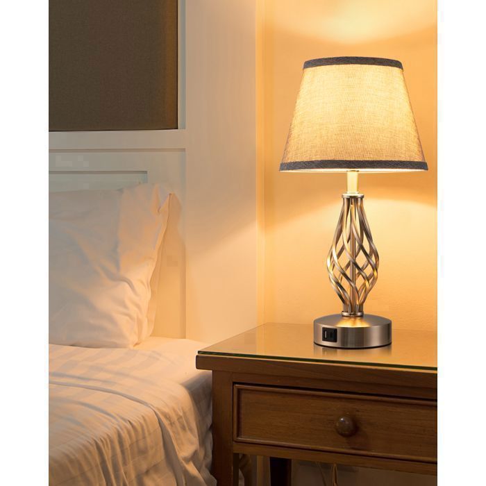 EDISHINE Lampe à Poser Tactile Lot de 2, USB A+C, Ampoule E27 LED Dimmable Fournie, Abat-jour Gris