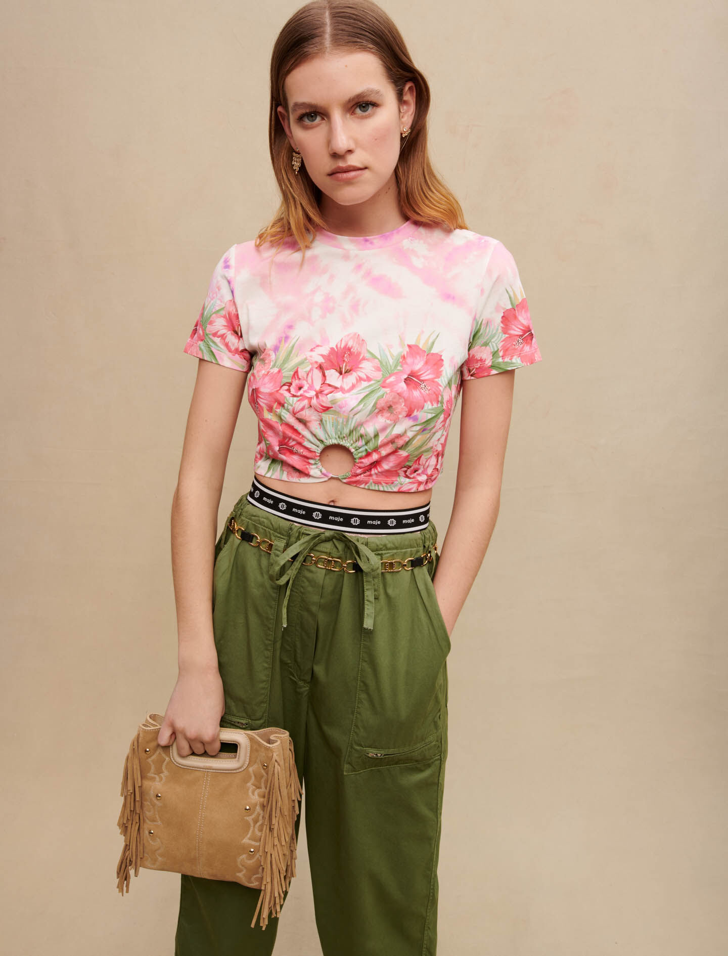 Tricou floral - Hibiscus roz/verde