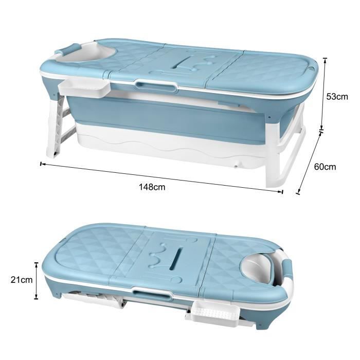 Bañera plegable - HENGMEI - XXL - Portátil - Con tapa - Ruedas y masaje - Azul 148x62x53cm