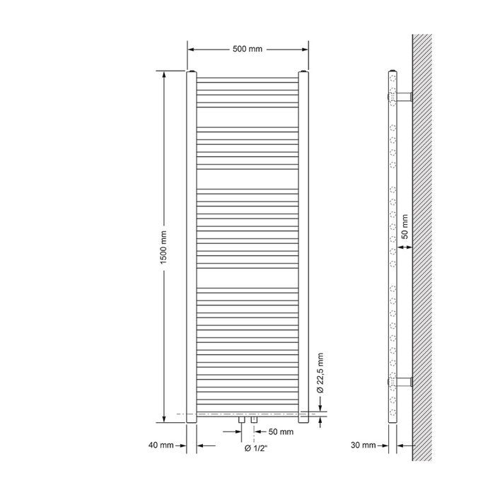 Scaldasalviette non elettrico Sahara di ECD Germany - 500 x 1500 mm - Bianco - Attacco centrale - senza kit di collegamento - Forma