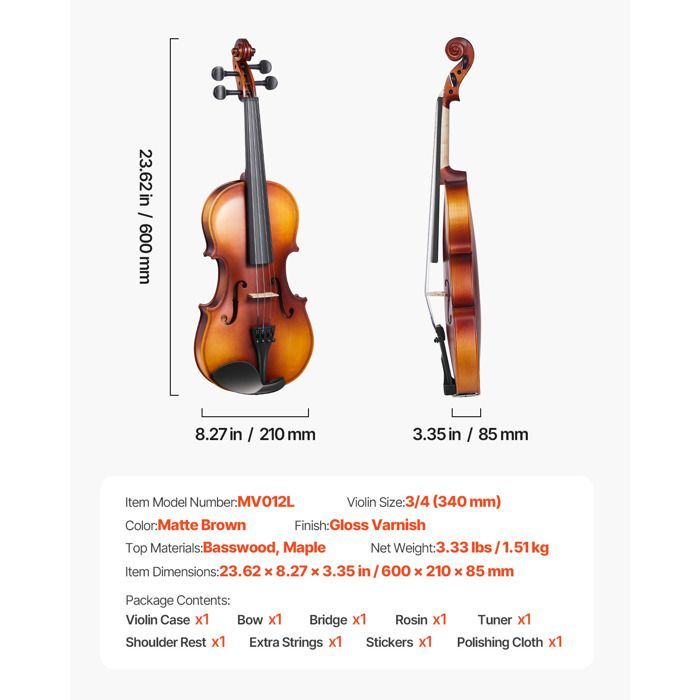 Violín de tamaño 3/4 - VEVOR - Kit para principiantes - con estuche, resina, arco, soporte para el hombro, puente, afinador y cuerdas de repuesto - Marrón