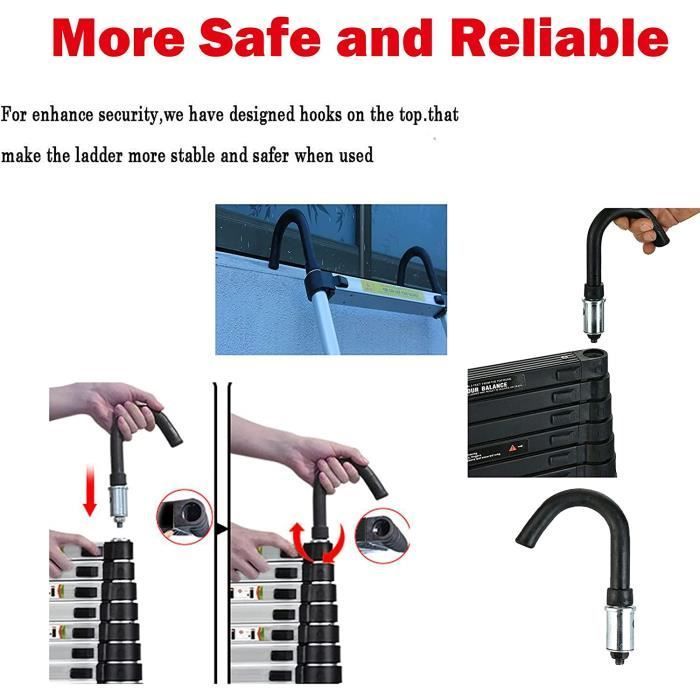 5m telescopic ladder with 2 hooks, folding stainless steel ladder, telescopic attic ladder, 150kg load capacity