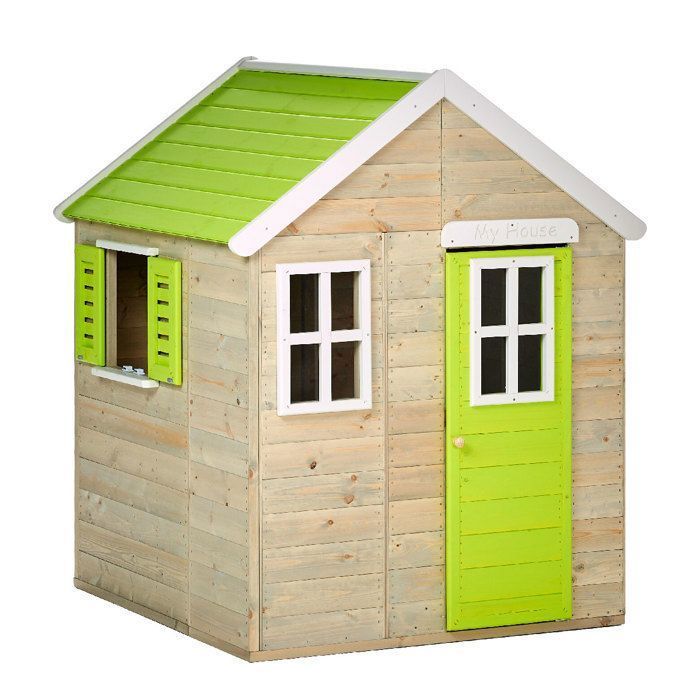 Casinha de Brincar Infantil Externa KANGUI - Casinha de Madeira com Piso - Telhado Impermeável - Verde e Branca