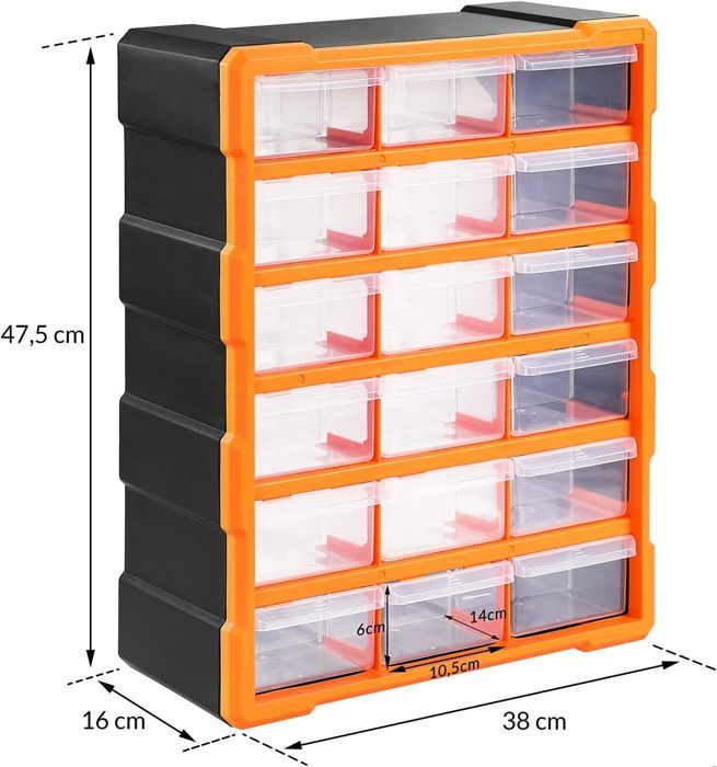 Caja de herramientas de plástico con 18 compartimentos extraíbles. Estante para tornillos.