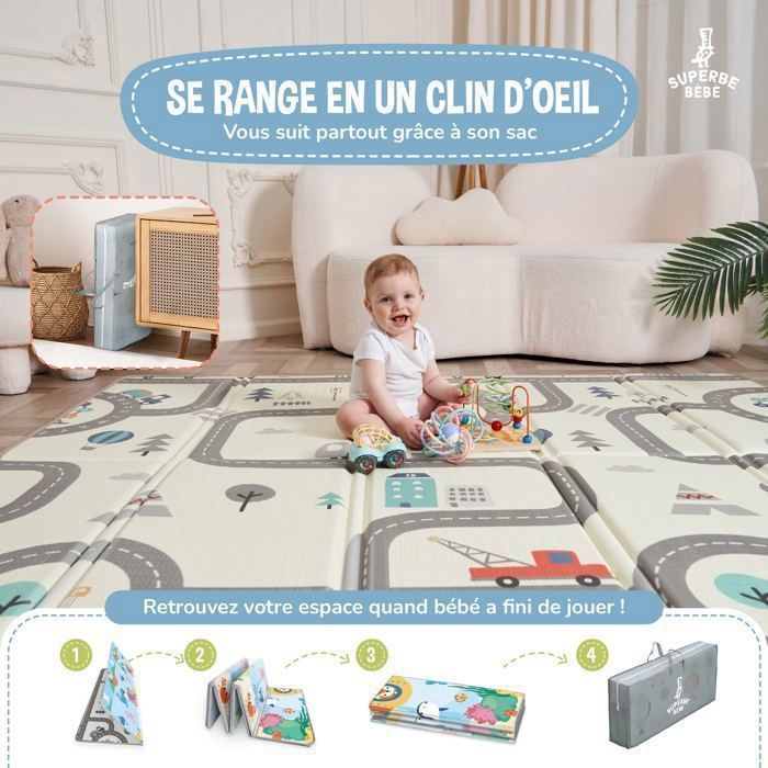 Omkeerbare en waterdichte opvouwbare speelmat - 180x150x1cm | Schuimrubberen speelmat voor kinderen - ZEE | SUPERBE BABE