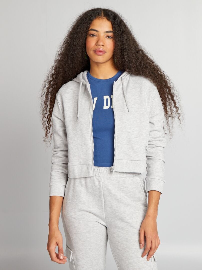 Effenkleurige hoodie met rits - GRIJS