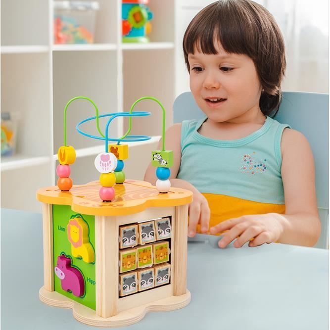 Cubo de actividades para bebés - Juguete de madera - Laberinto de cuentas - Reloj de aprendizaje - Clasificador de formas