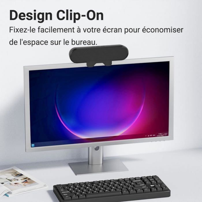 Enceinte PC, USB Haut-Parleur PC pour Moniteur, Mini Barre de Son avec Clipser pour Ordinateur Portable, Mac, Bureau, Plug and Play