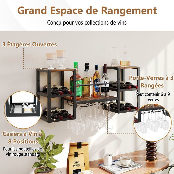 COSTWAY Wall-Mounted Wine Rack, Bottle Holder with 3-Tier Glass Rack, Open Shelves, Wall-Mounted Bottle Rack