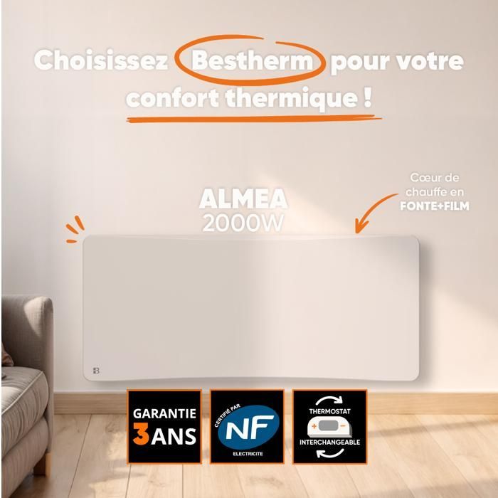Radiateur électrique fixe à inertie sèche - Double cœur de chauffe - BESTHERM - ALMEA 2000W - horizontal blanc