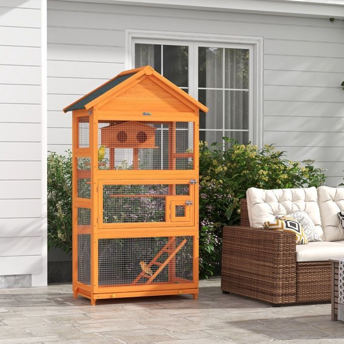 Cage à oiseaux en bois cage perroquet aire de jeux toit asphalte imperméable 92 x 52 x 171 cm orange