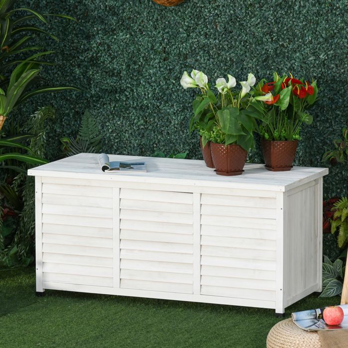 Caja de almacenamiento exterior Outsunny - 283 L - pequeñas aberturas en la parte inferior - 2 cadenas - madera - 127 x 56 x 60 cm - blanco