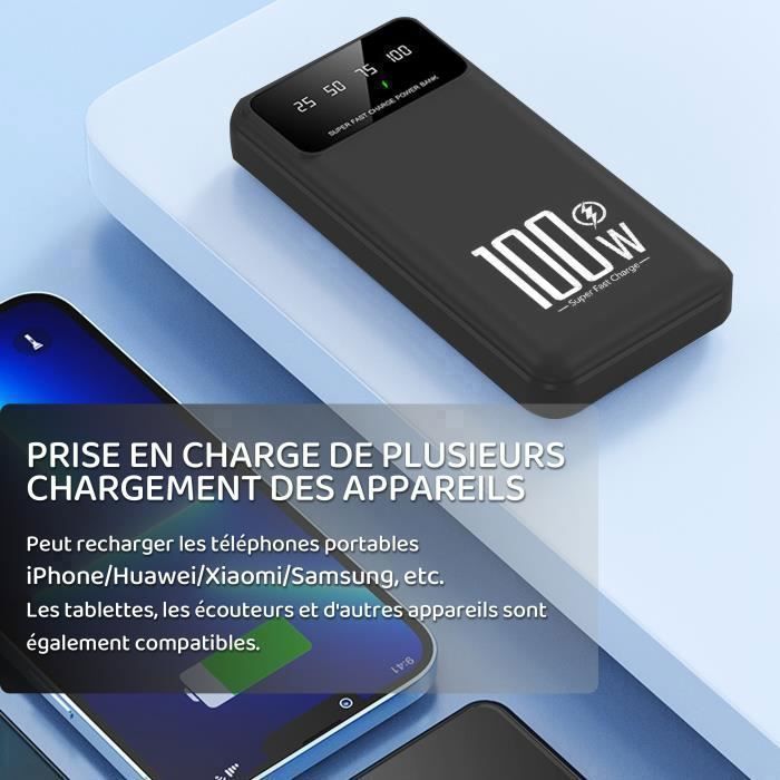 Batteria esterna portatile da 20000 mAh, ricarica rapida da 22,5 W, 4 porte, con display a LED e torcia, per smartphone e tablet - Nera