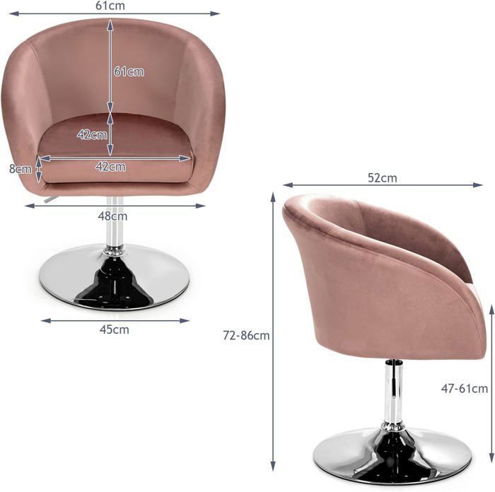 Sillón de tocador GOPLUS de terciopelo - Altura del asiento ajustable de 47 a 60 cm - Giro de 360° - Capacidad de carga de 120 kg - Rosa