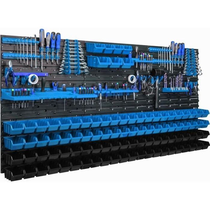 Étagère murale - BOTLE - 173x78cm - 95 Boîtes - Plastique - Couleurs Bleu et Noir