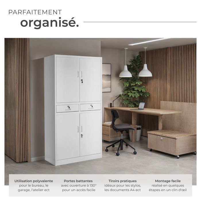 Office storage - TECTAKE - COSMO lockable metal filing cabinet with 2 drawers - 40 x 80 x 180 cm - Light Grey