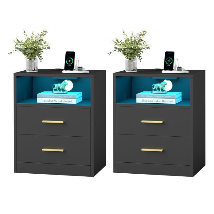 Conjunto de 2 mesas laterais modernas com gavetas, luzes LED, tomadas e portas USB, para quarto, pretas.