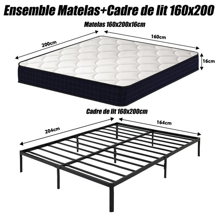 Matratze und Lattenrost-Set 160x200, Bett 160x200 mit Lattenrost und Matratze, Matratze 160x200x16cm