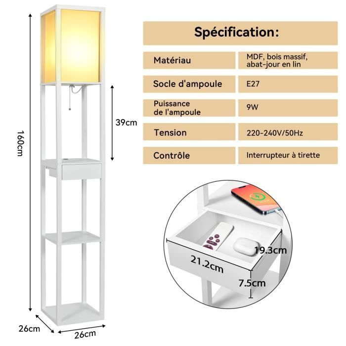 Living room floor lamp in wood with 3 shelves + light bulb + drawer + USB charging ports, white, 1.6m