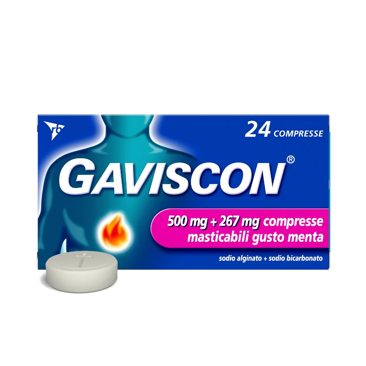 GAVISCON Gaviscon 500 + 267 mg, arôme menthe, 24 comprimés à croquer. Soulagement des symptômes de brûlures d'estomac.