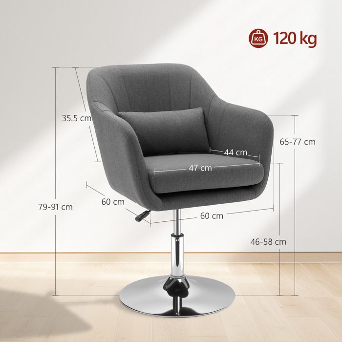 Sillón HOMCOM - Diseño de confort superior - Cojines lumbares - Altura regulable - Giro de 360° - Base de metal cromado - Gris lino