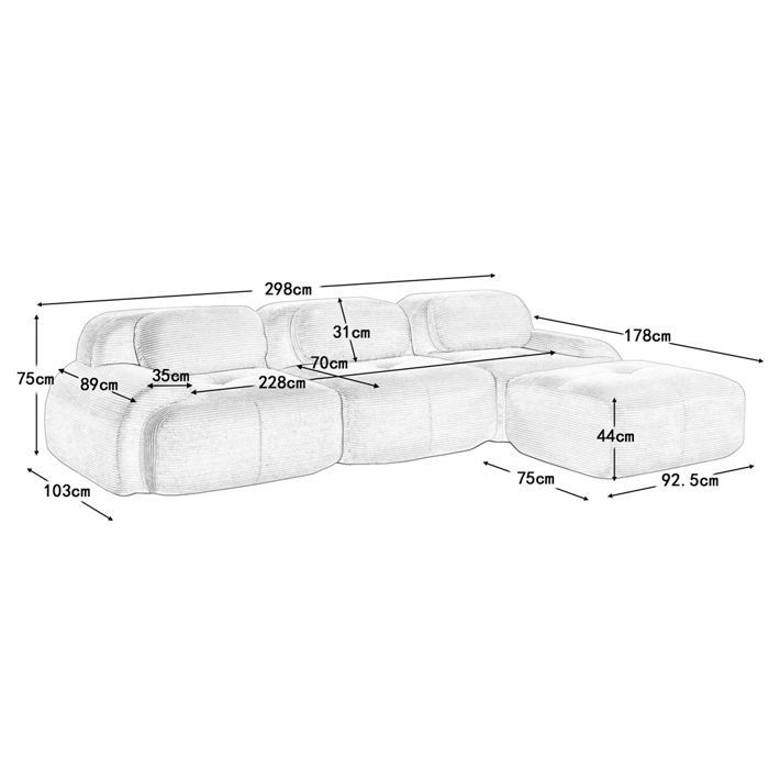 DRIPEX Modulär 3-sits hörnsoffa, manchestersoffa med extra breda armstöd, ingen montering krävs, B 298 cm, svart