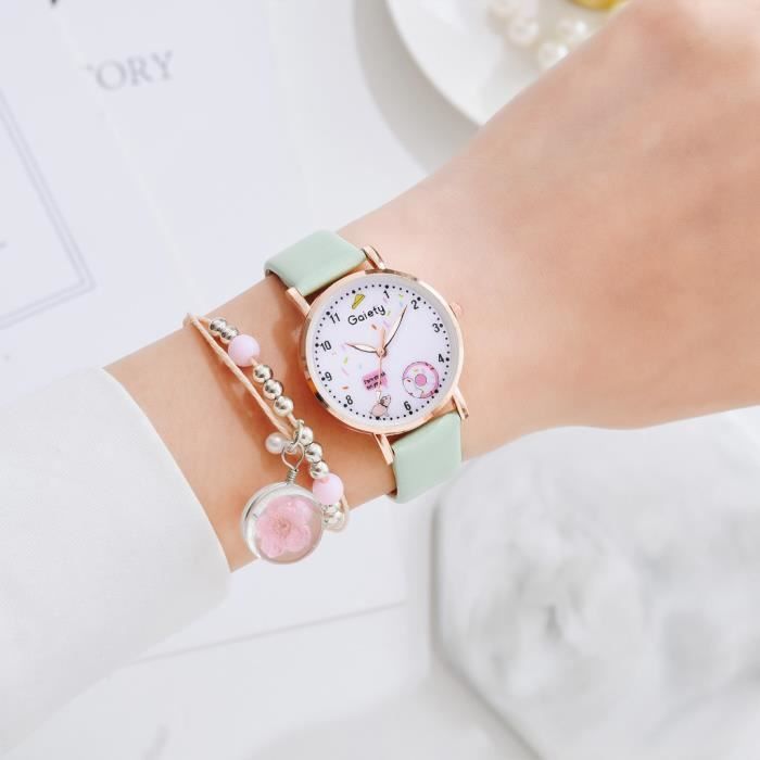 Conjunto de regalo de reloj y pulsera para niñas – Pulsera de cuero verde Sakura Fashion Lovely, regalo para niñas