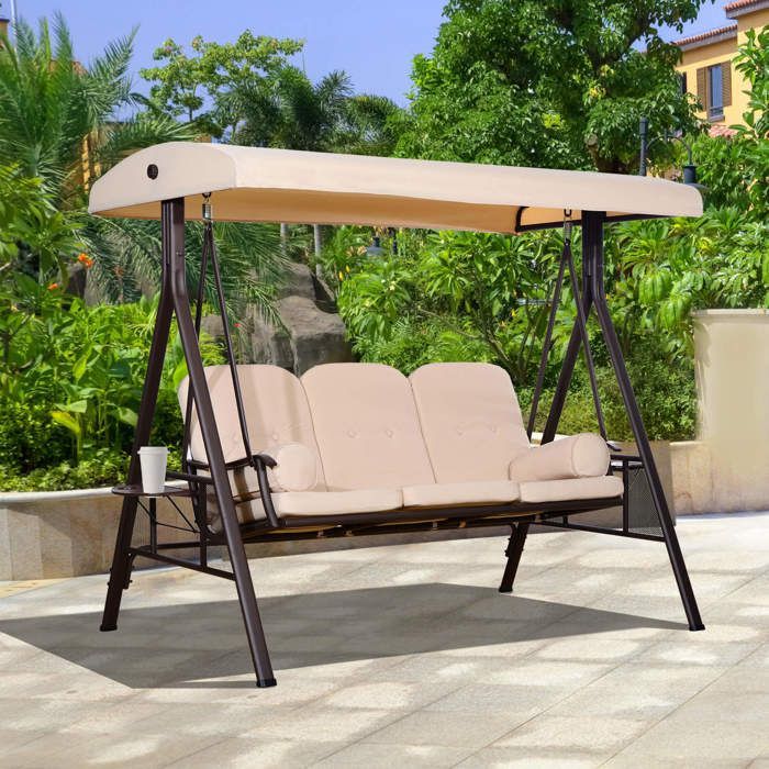 Columpio de jardín Outsunny - 3 plazas - Toldo con inclinación ajustable, cojines, bandejas retráctiles - 121x208x172cm - Beige