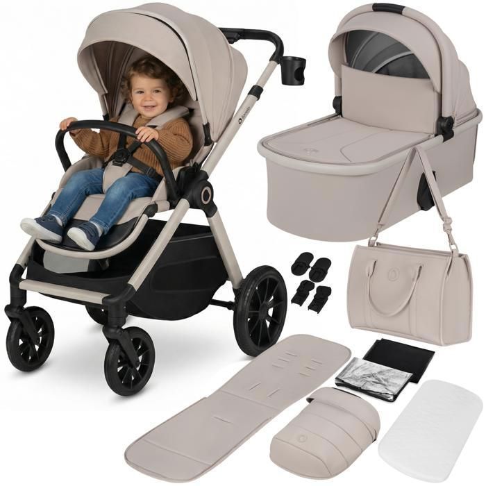 Poussette combinée 2en1 LIONELO Layla - Naissance jusqu'à 22kg - Pack poussette Duo, Nacelle, sac et accessoires - Beige