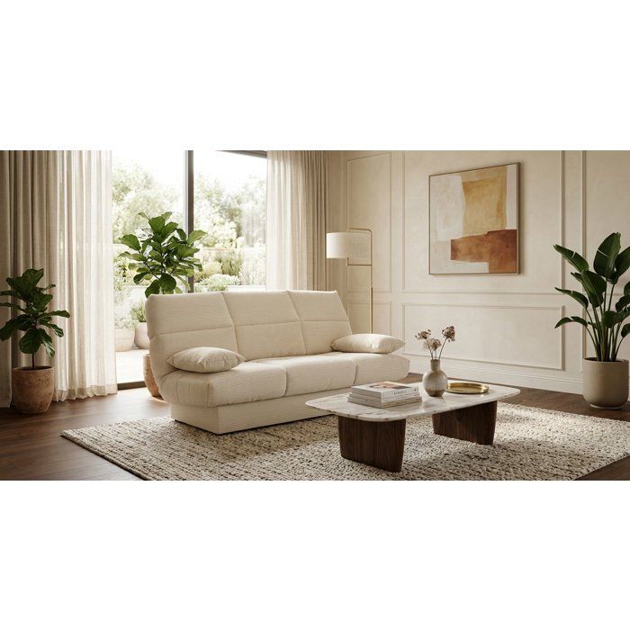 Sofá cama CLEM click-clack - 3 plazas - Tejido de pana - Beige - Densidad 20 kg/m³ - 190 x 90 x 92 cm - Fabricado en Portugal