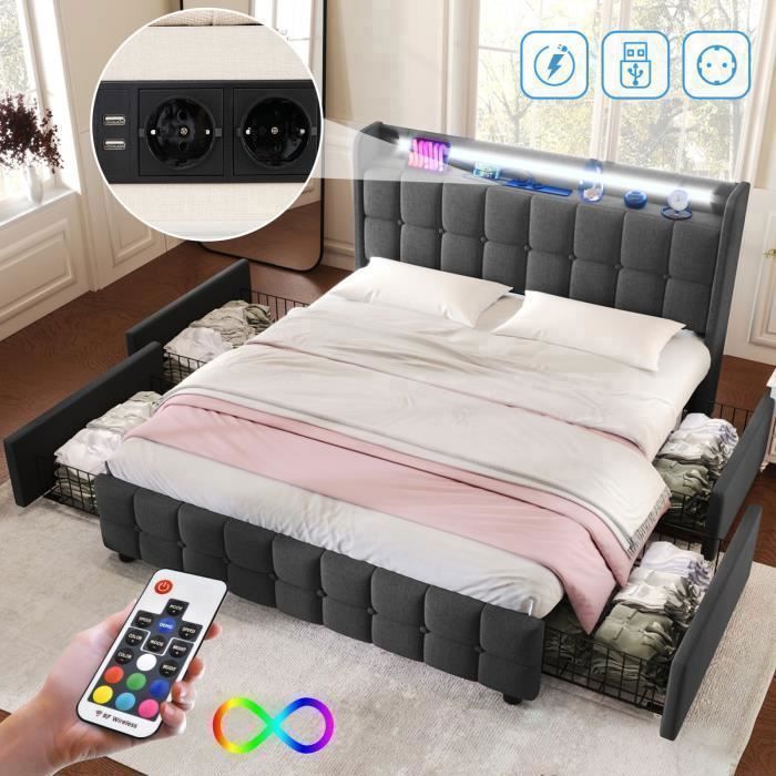 Cama de 160 x 200 cm con 4 cajones, cama doble tapizada de 160 x 200 cm con puerto de carga USB, iluminación LED, base de láminas de madera, lino, gris