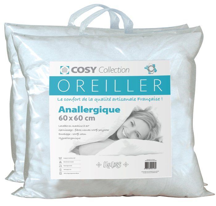 Almohada hipoalergénica de 60x60 cm, suave y cómoda, con funda 100% algodón y fabricada en Francia.
