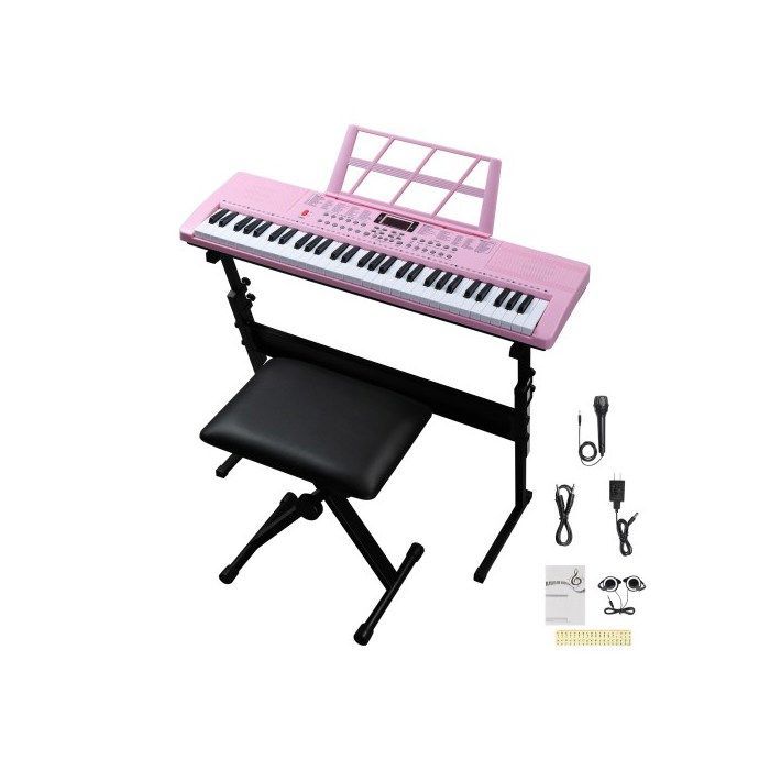 Teclado de piano de 61 teclas con soporte y banqueta, 200 timbres, 200 ritmos, 60 canciones de demostración - Rosa + Negro