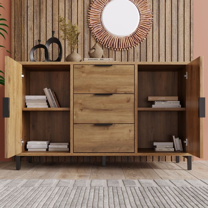 Commode met 2 deuren, 3 lades en verstelbare planken, geschikt voor de slaapkamer, eetkamer en woonkamer, eikenhout