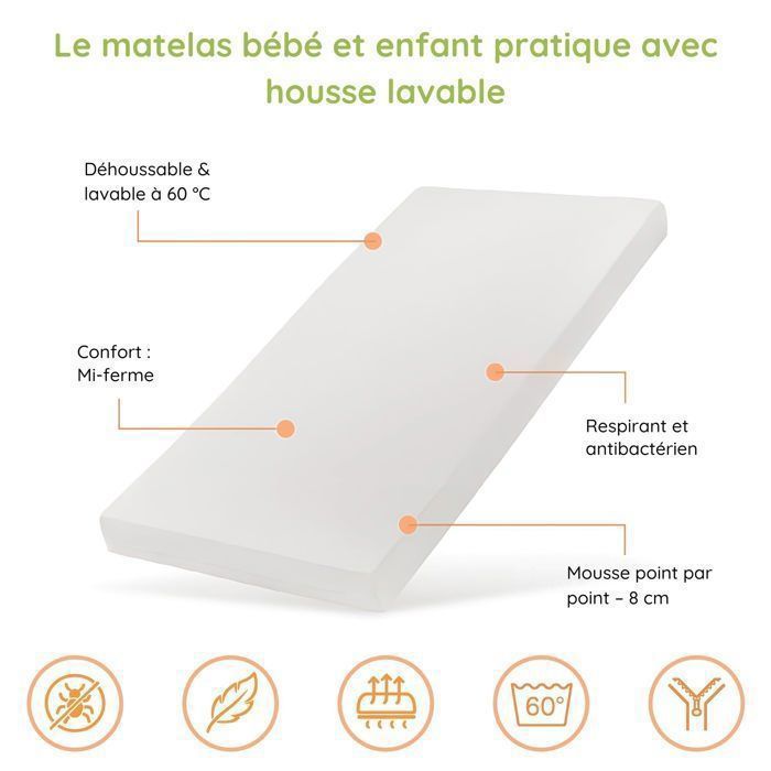Colchón infantil SMART de 80x160 cm - Funda extraíble y lavable - 8 cm de grosor - Colchón para cama infantil - Certificado ecológico