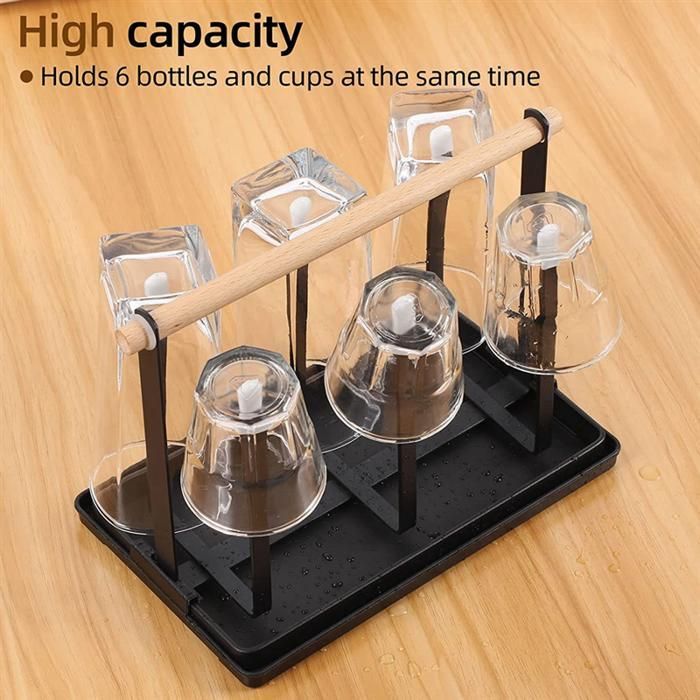 Estante para botellas, escurridor de platos, 6 soportes para botellas, soporte metálico para vasos con escurridor y secador de botellas para