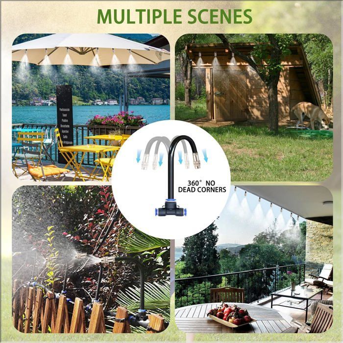 Kit de sistema de nebulización para patio, sistema de nebulización exterior de 10 m, nebulización de patio de 360°, sistema de enfriamiento por nebulización