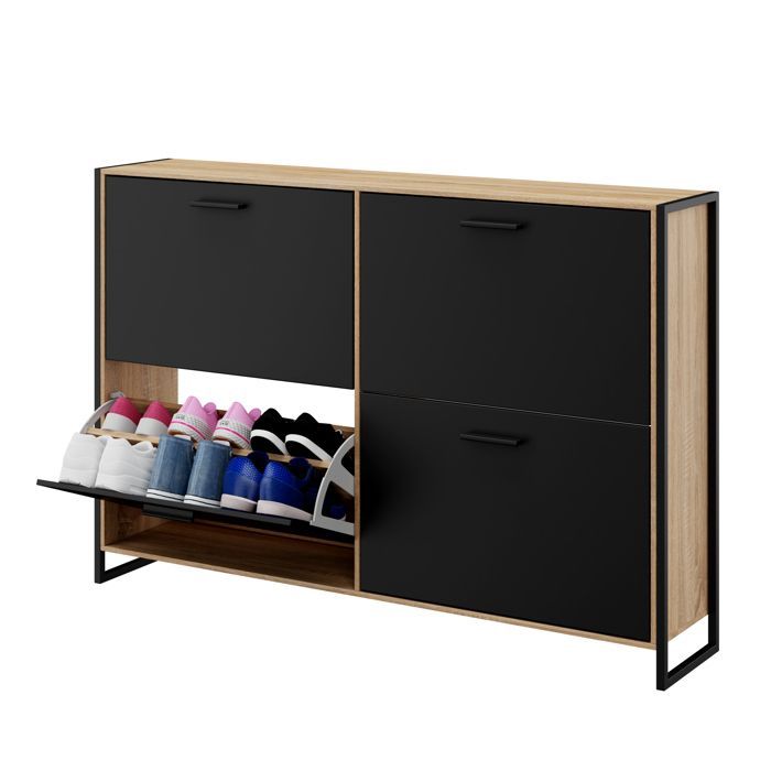 CASABEL Industrial Shoe Storage Cabinet for 24 Pairs - Double Compartment, Entryway - Black Doors, Light Wood Frame