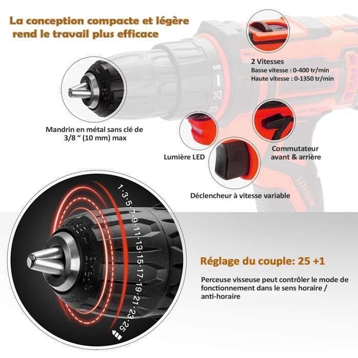 Taladro atornillador inalámbrico, destornillador inalámbrico, par máximo de 40 N·m, 2 velocidades, portabrocas metálico de 10 mm, 2 baterías.