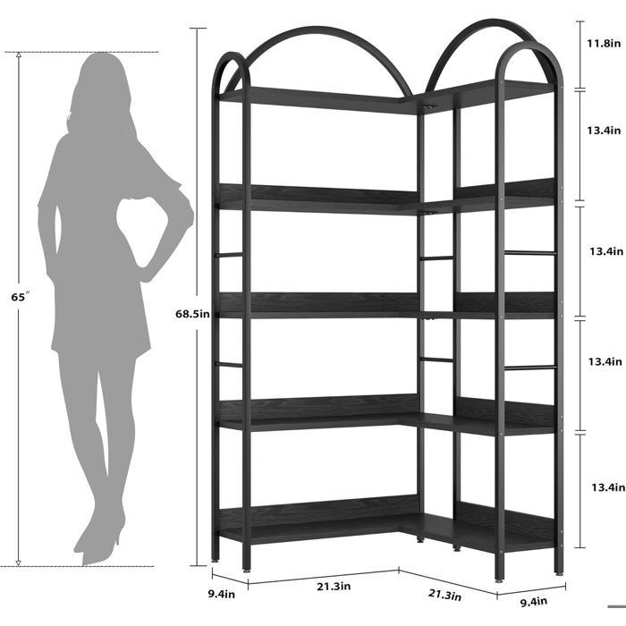 Bibliothèque d'angle à 5 niveaux, étagère d'angle en Bois et Métal, Meuble de Rangement,étagère de rangement -noir