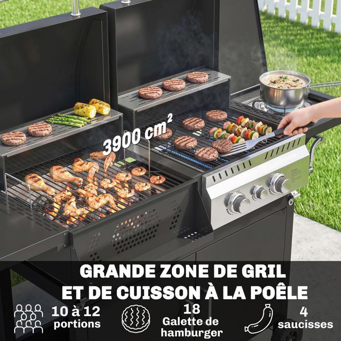 Outsunny Hybrid Gas and Charcoal Barbecue - 2-in-1 Combination Barbecue with 3 Burners and Side Burner, Thermometer - Steel - Black